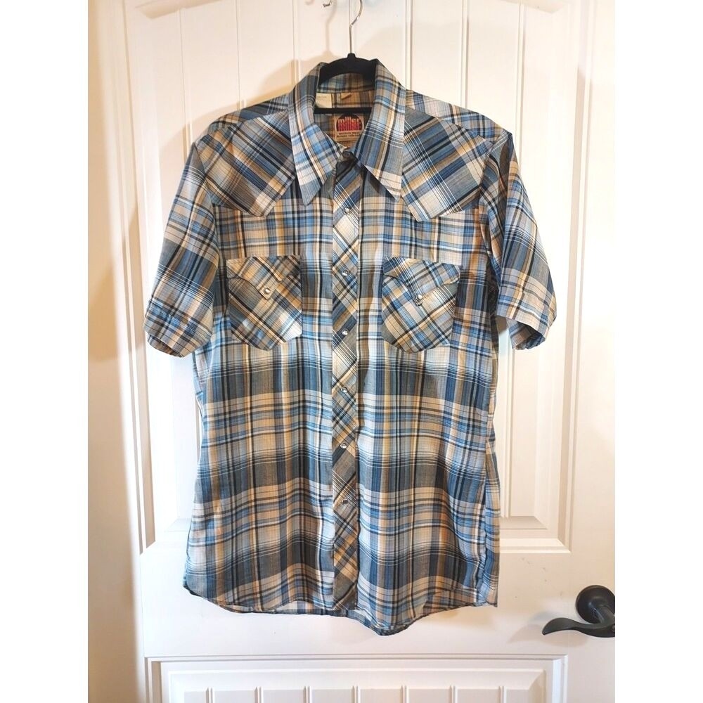 Miller Western Wear Shirt Mens 16 Blue Plaid Pearl Snap Short Sleeve Vintage 70s